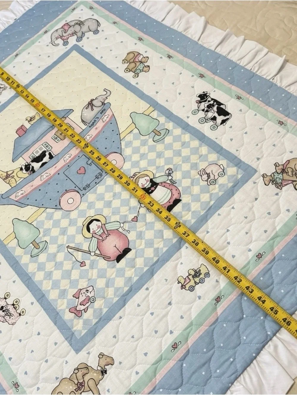 Vintage Handmade Noah’s Ark Baby Quilt, Nursery Ruffle Edge Blanket 48” x 38”